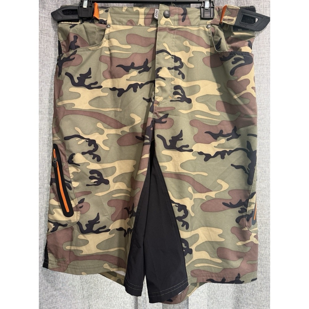 Zoic Trail Rider 12" Shorts Green Camouflage Black/Orange Zip Adjustable Sz XL